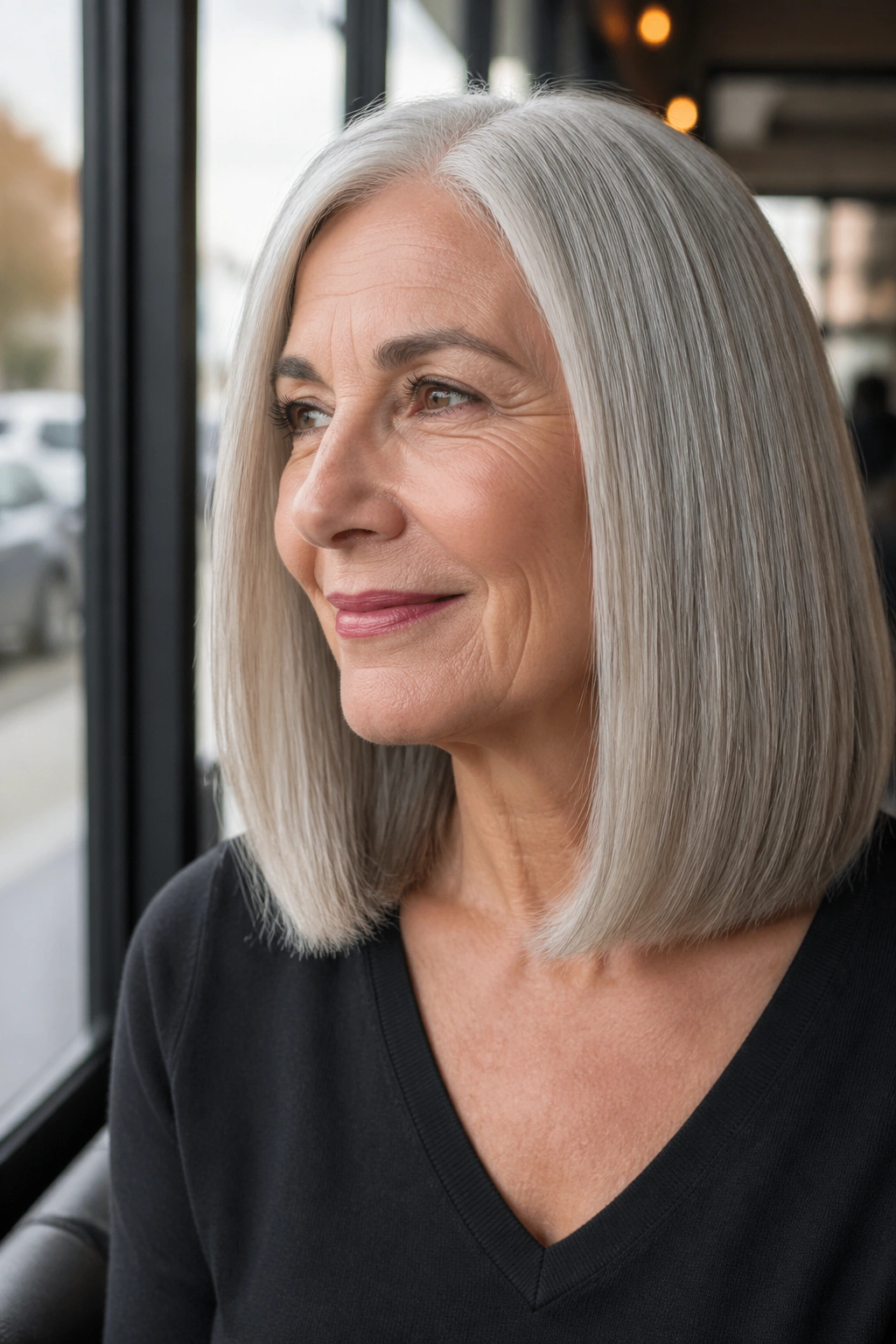 Real woman with a blunt shoulder-length cut, sleek smooth finish