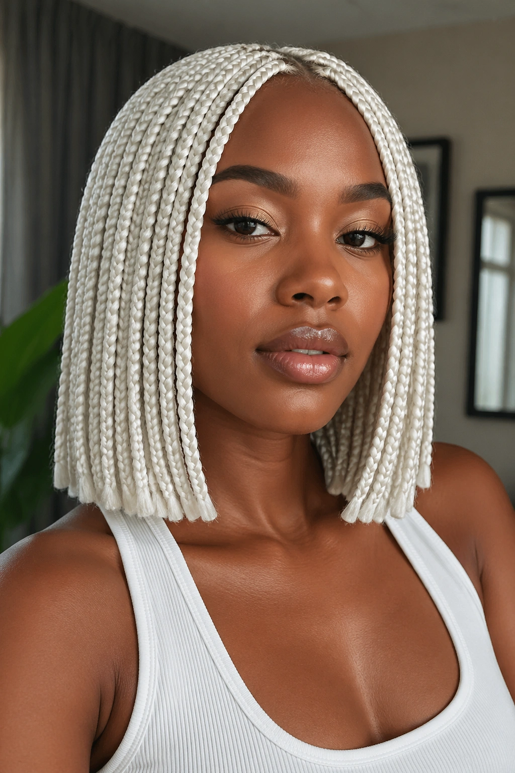 Close-up of blunt-cut white box braids in a shoulder-length bob on a real person