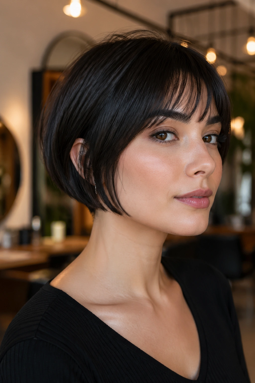Close-up of a real person with a blunt-edged bixie on straight thick hair in a salon