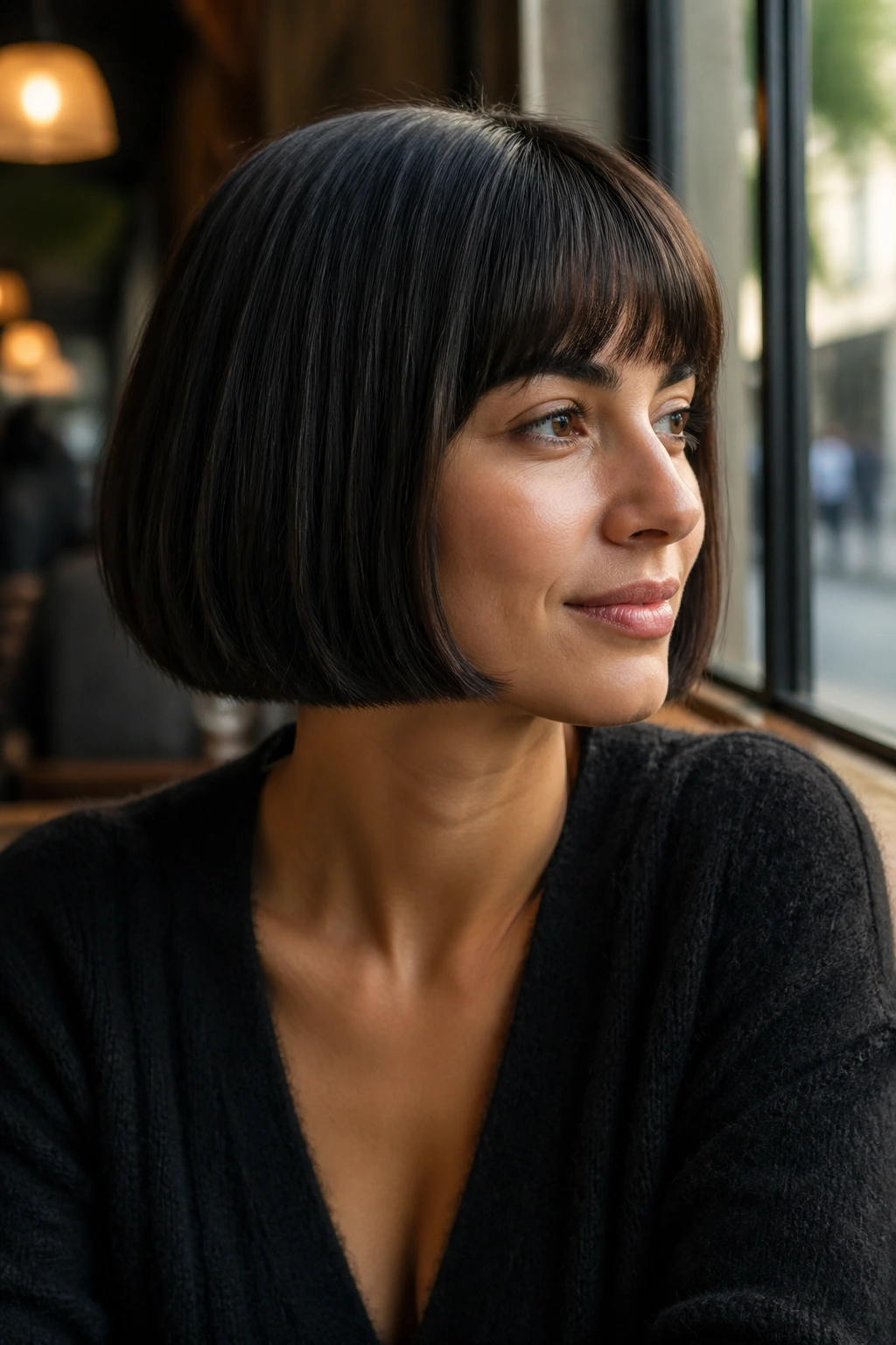 Close-up of a real woman with a crisp jaw-length blunt bob for thick hair
