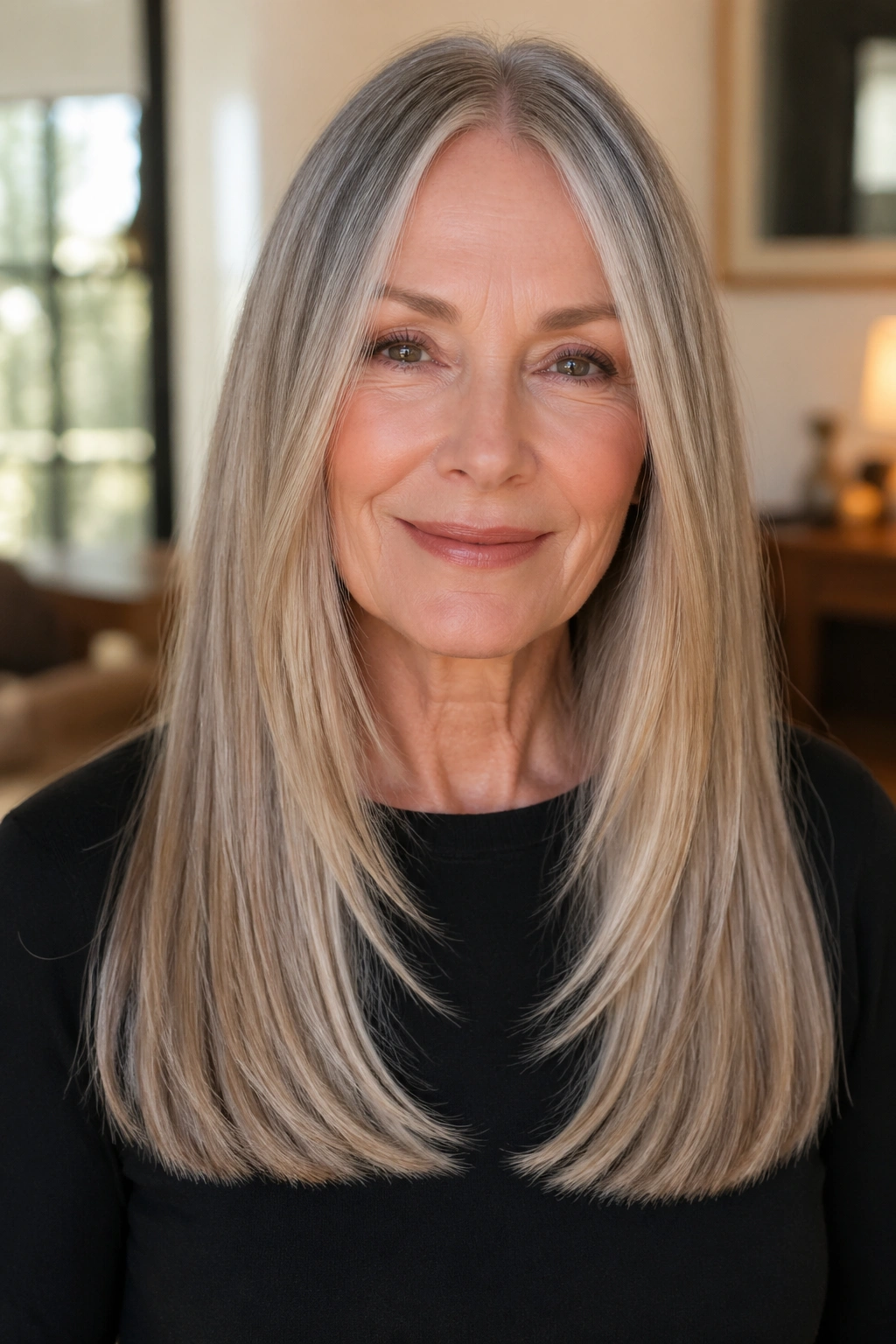 Close-up of a woman with blunt length hairstyle and subtle internal layers