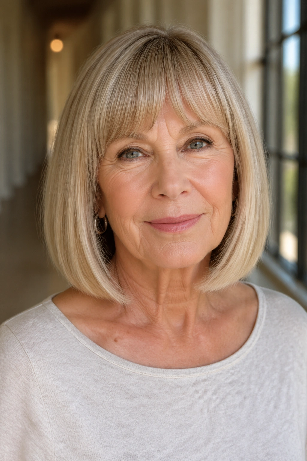 Close-up of an older woman with a blunt lob and arched bangs in a sunlit hallway