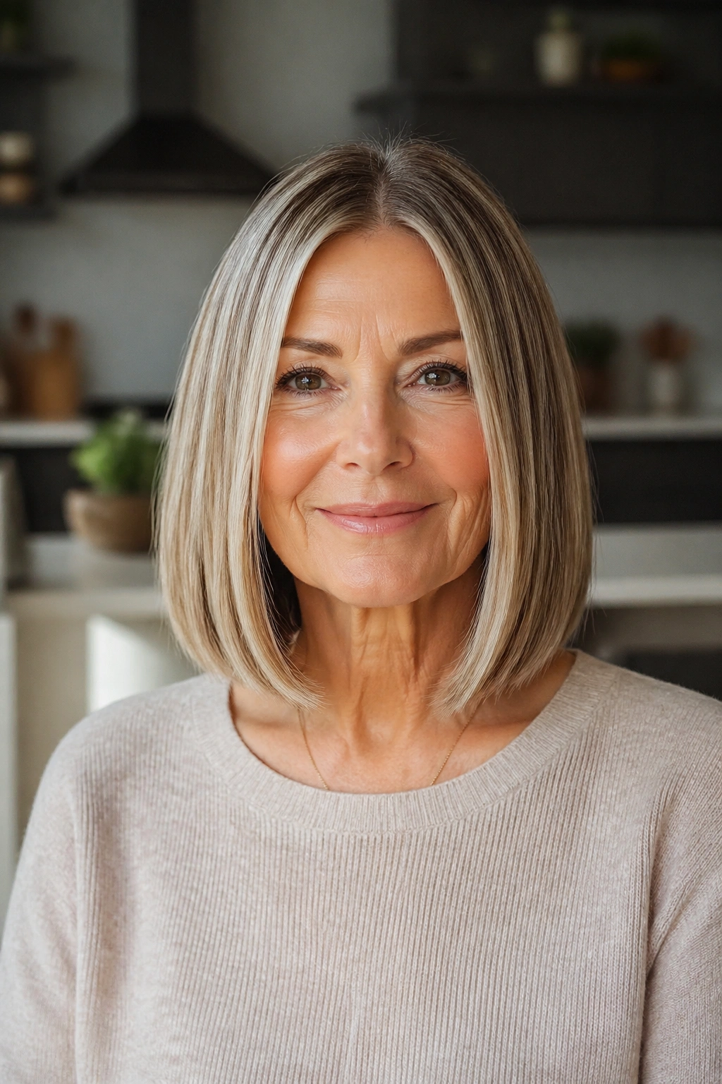 Close-up portrait of a real woman with a blunt lob and center part
