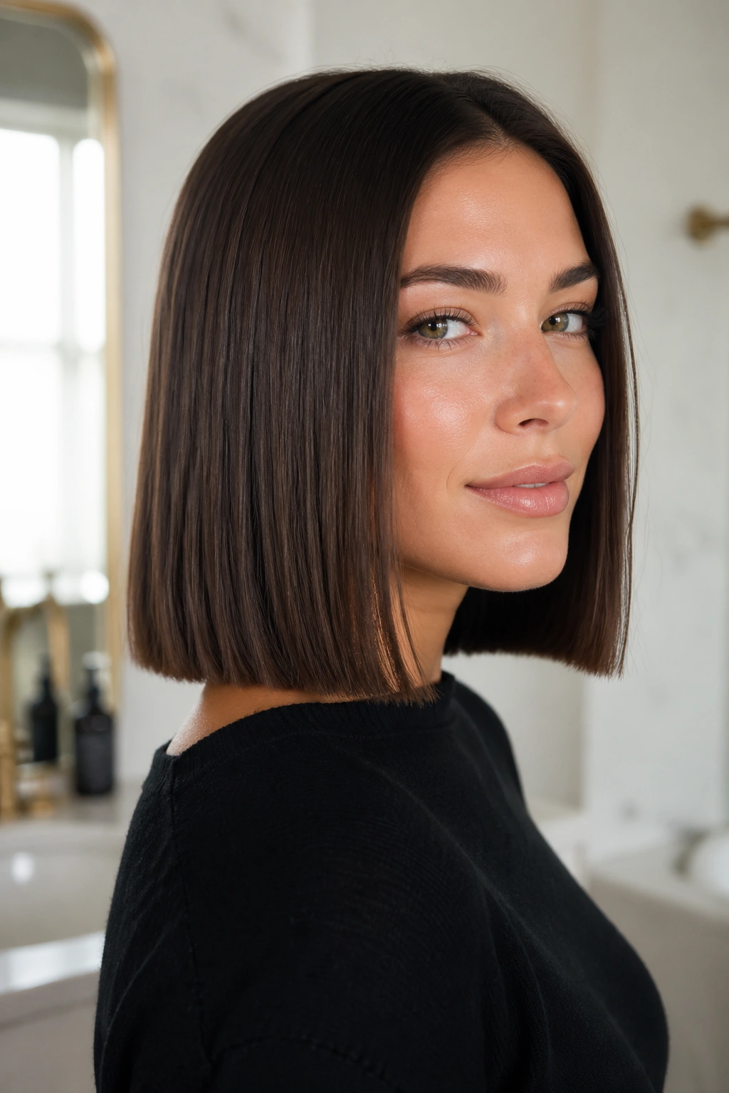 Close-up of a real person with a blunt lob featuring a crisp square end and glossy hair.