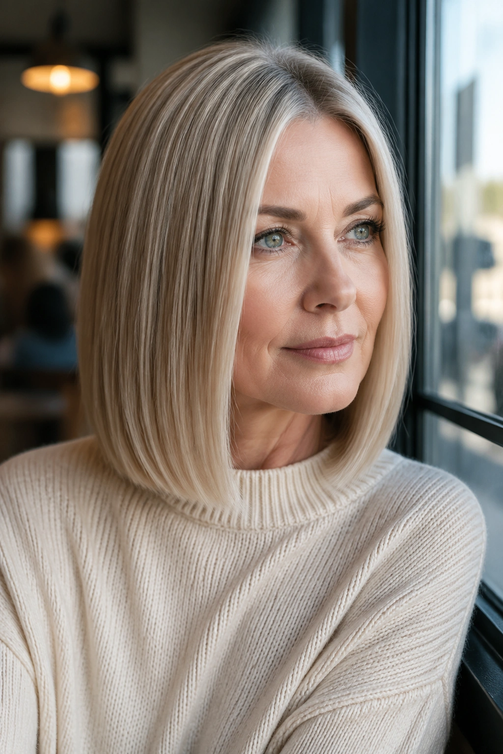 Close-up of a real woman with blunt midi cut in champagne blonde
