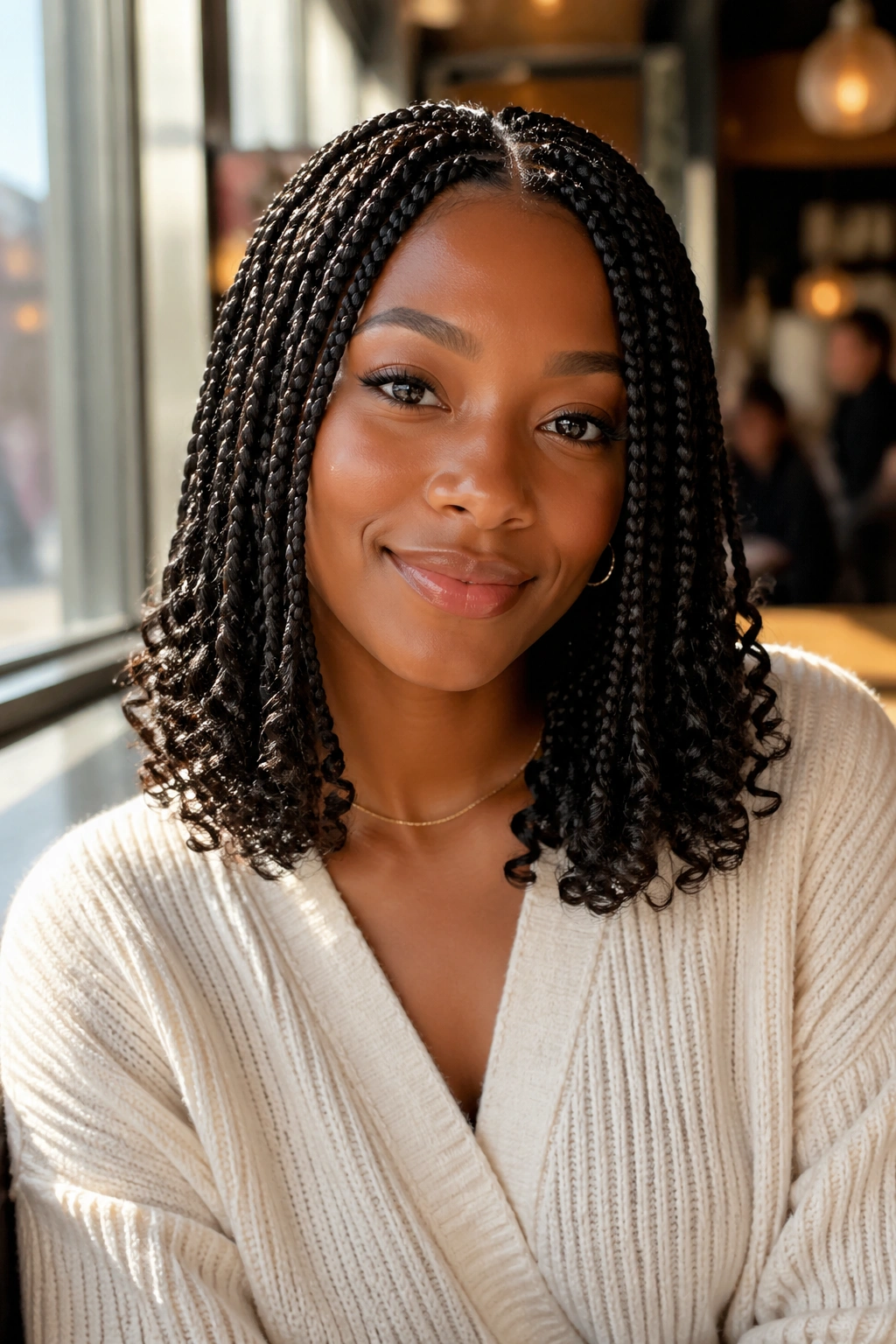Close-up of shoulder-skimming blunt braids with curly ends on a real woman