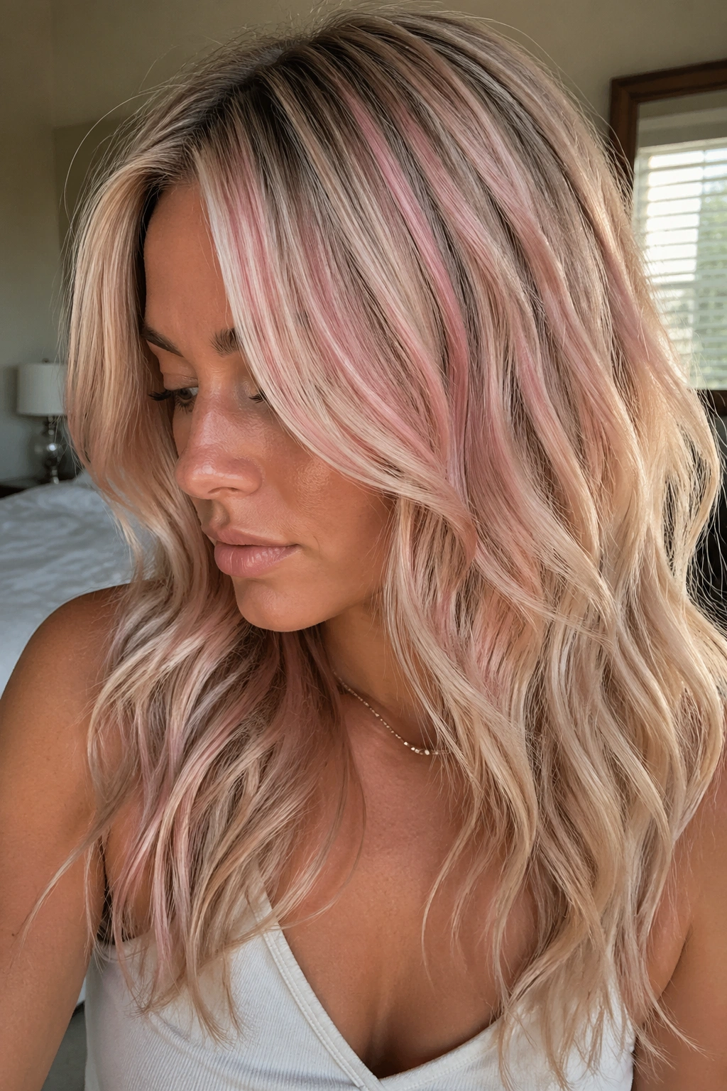 Close-up of blonde woman with subtle pink blush babylights.