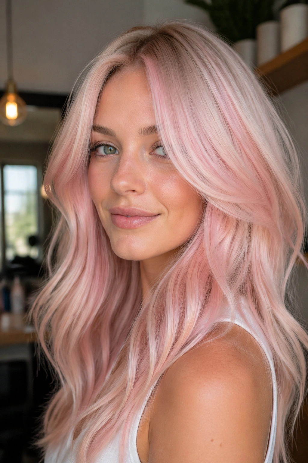 Close-up portrait of a real woman with soft blush pink hair on a pale blonde base in natural light