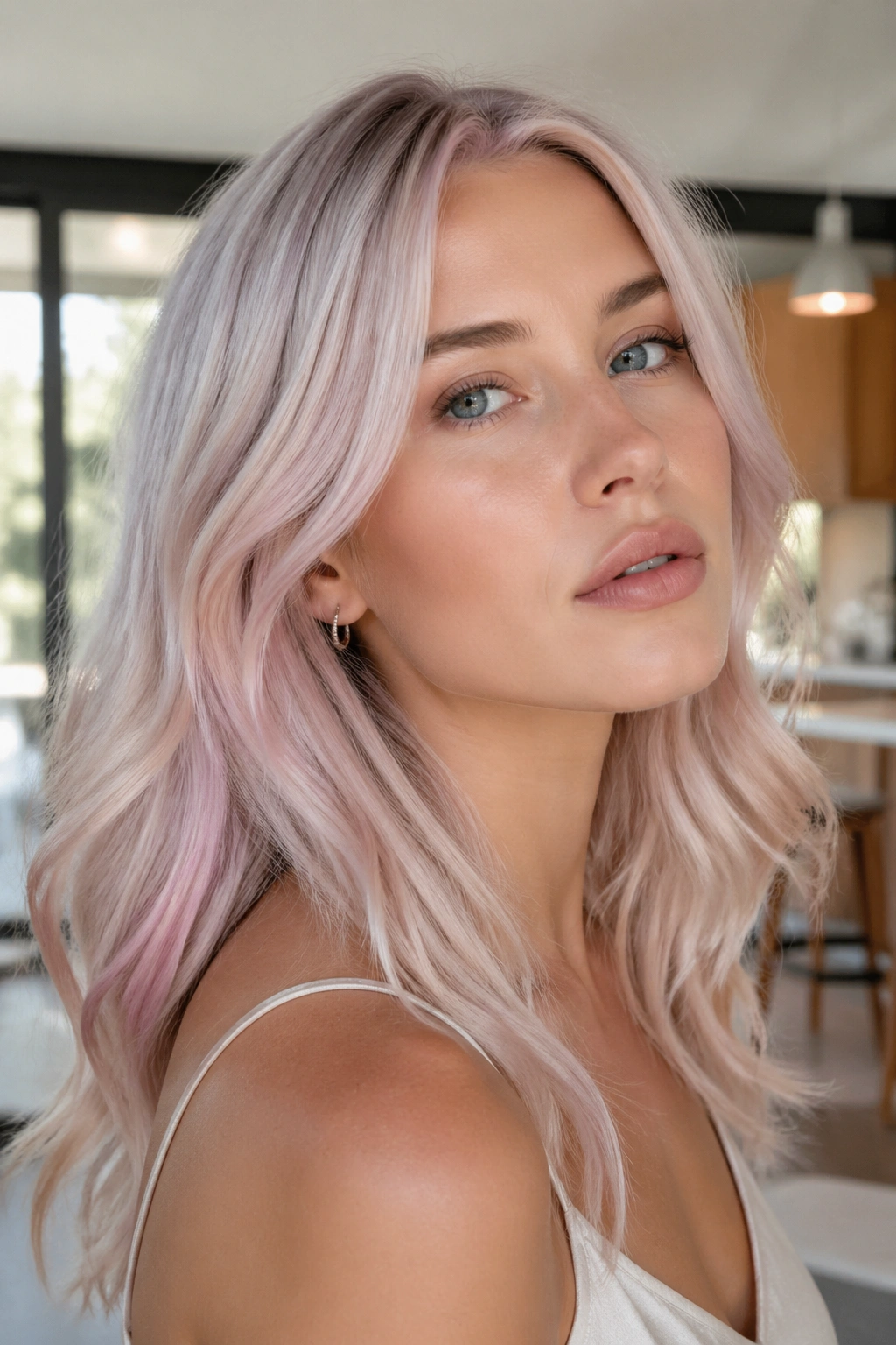 Close-up of a real person with blush-toned silver hair in soft lighting.