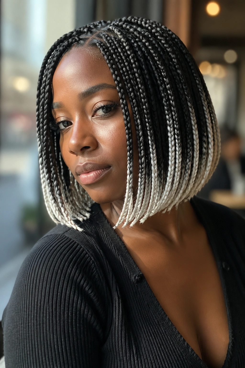Real person with bob-length braids and platinum ends at an urban cafe window