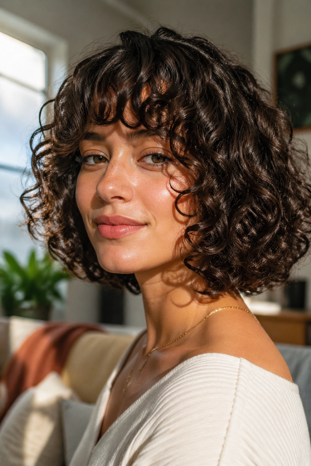 Close-up portrait of a real woman with a curly bob and soft fringe in warm window light