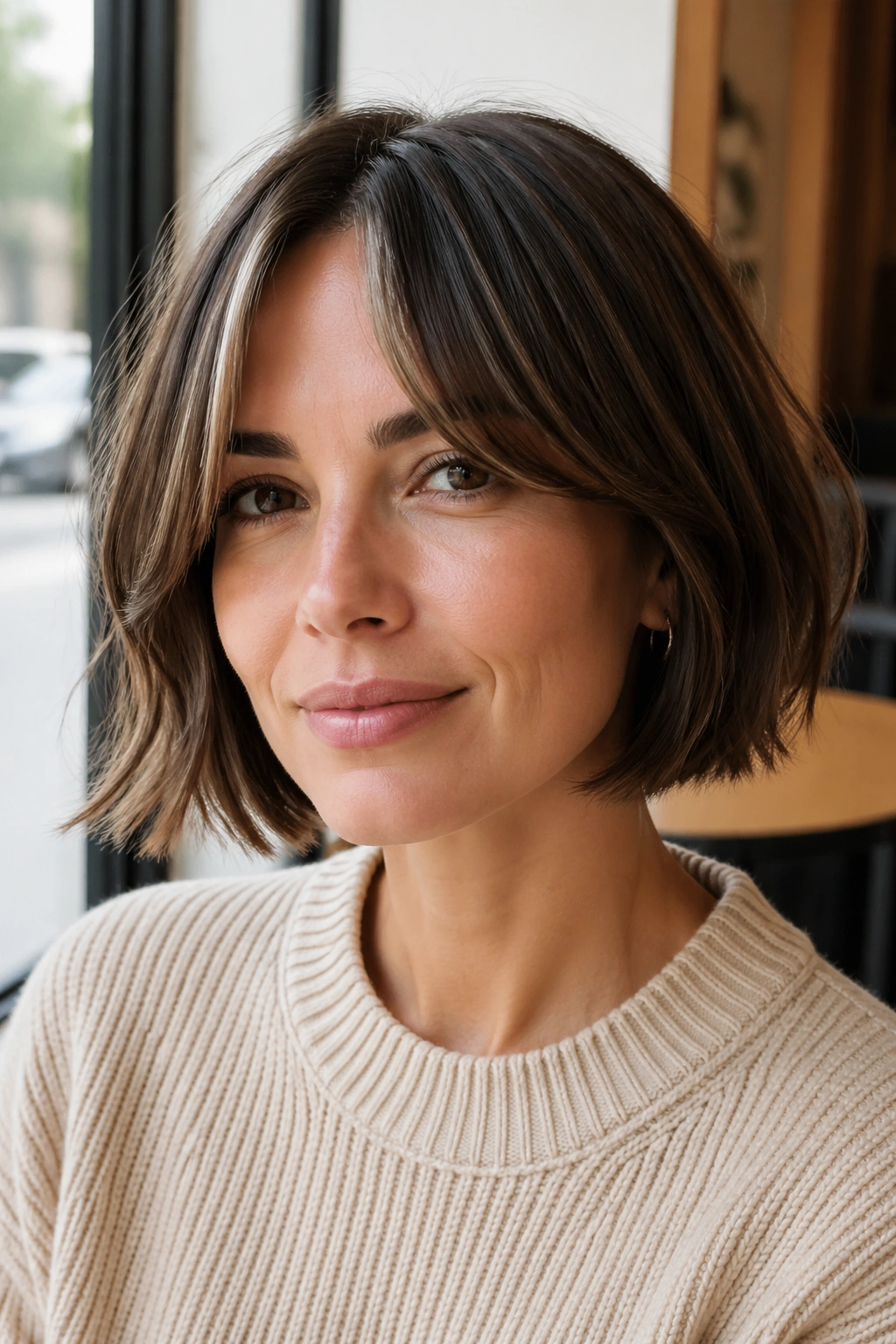 Close-up of a real woman with curtain bangs and a jaw-length bob in cafe light