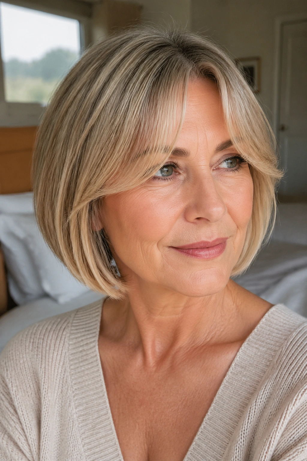 Close-up portrait of a real woman with a bob and curtain bangs in warm window light.