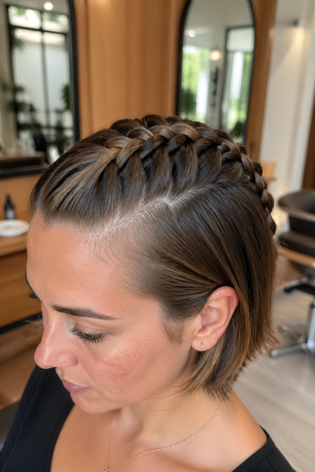 Close-up of a woman with a high-start French braid on a bob