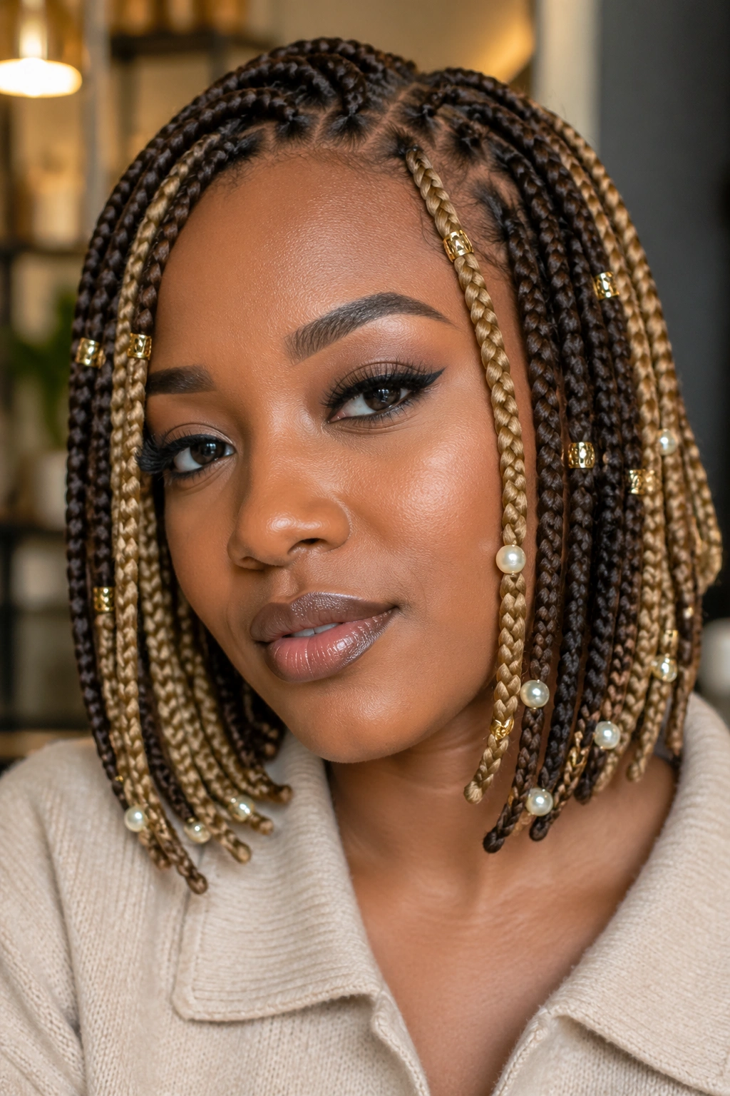 Close-up of a real woman with bob-length box braids adorned with pearl and gold beads.