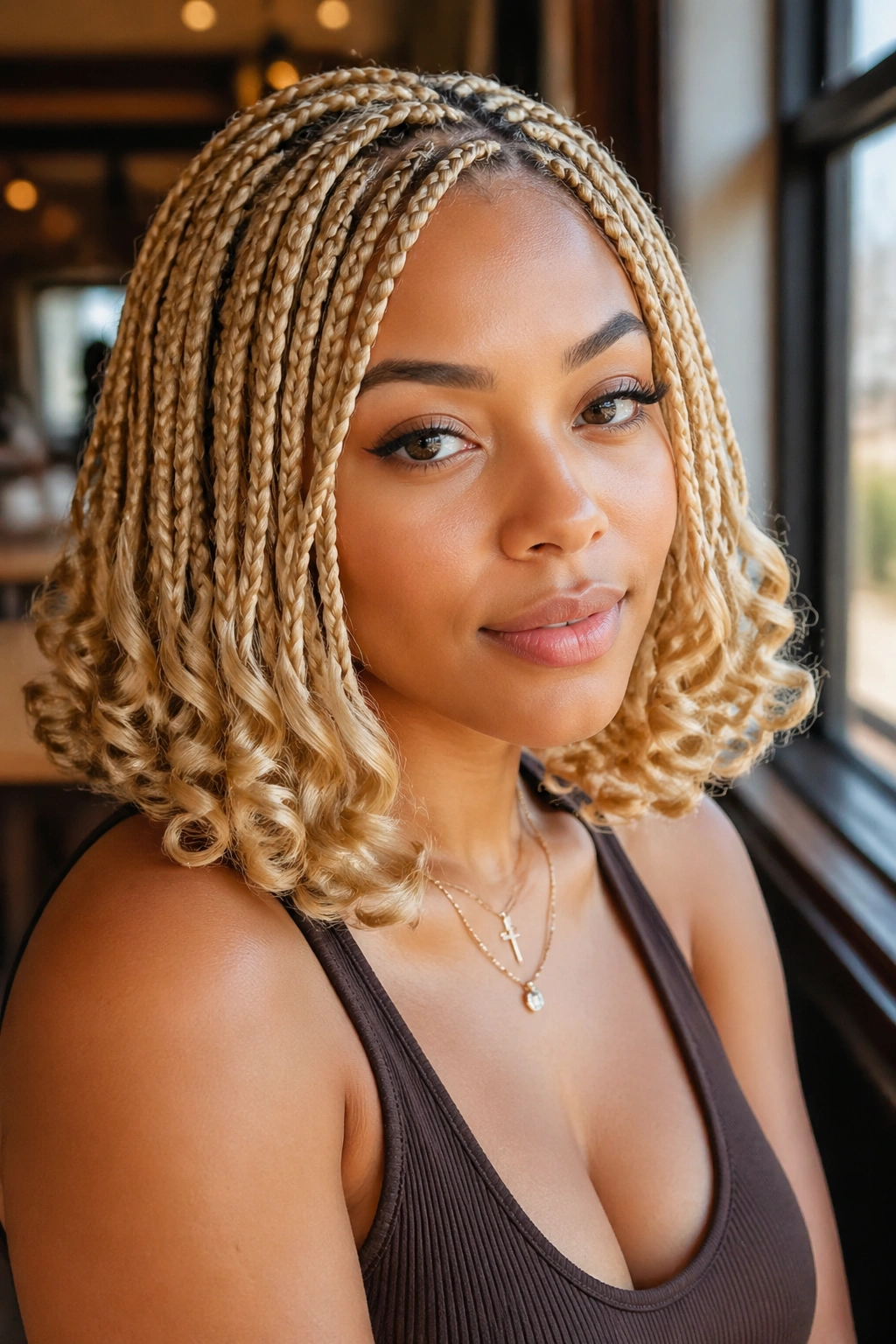 Close-up portrait of a real woman with bob-length blonde box braids and bouncy ends