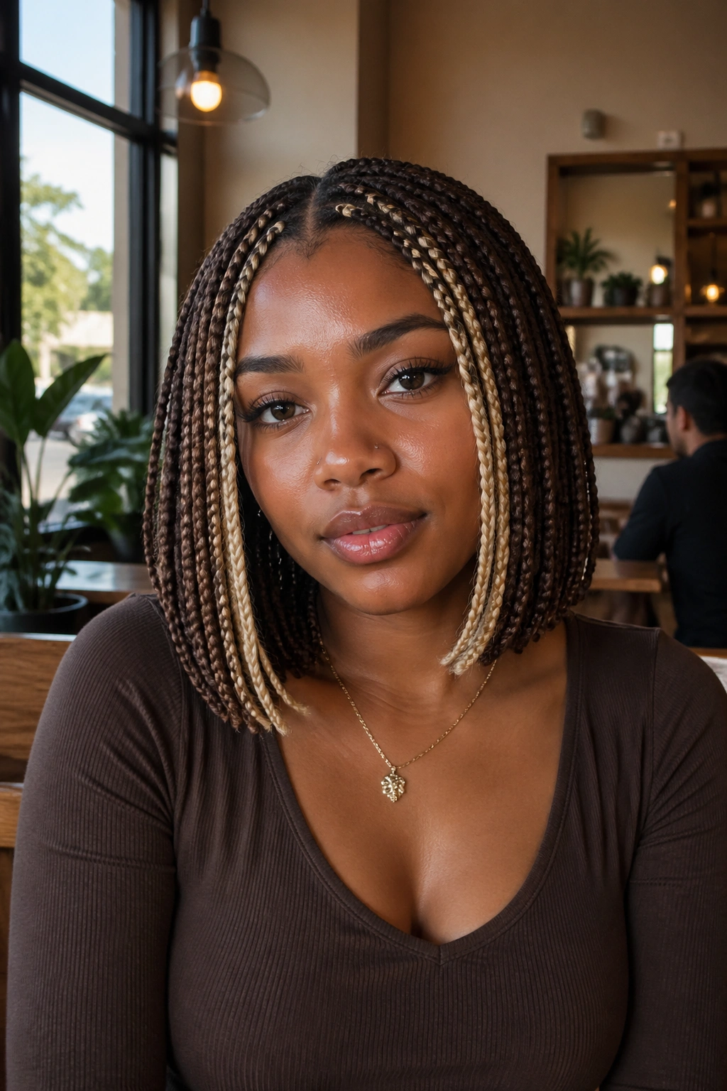 Portrait of a real person with mocha-based bob braids and blonde pockets.