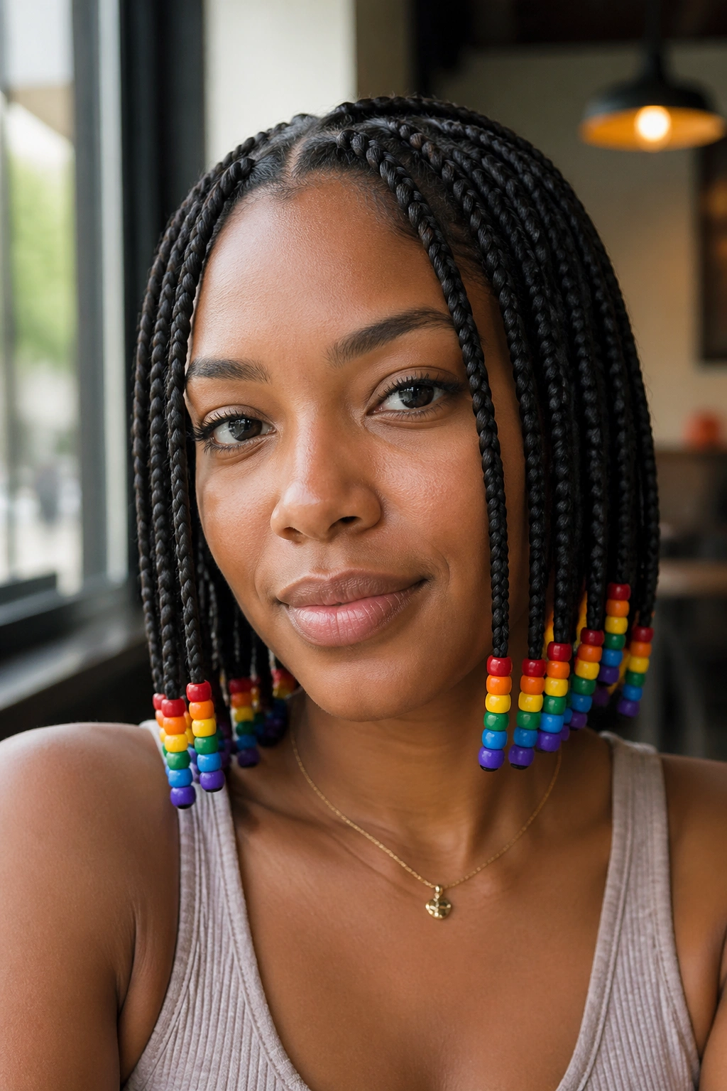 Close-up of bob-length knotless braids with rainbow beads on a real person