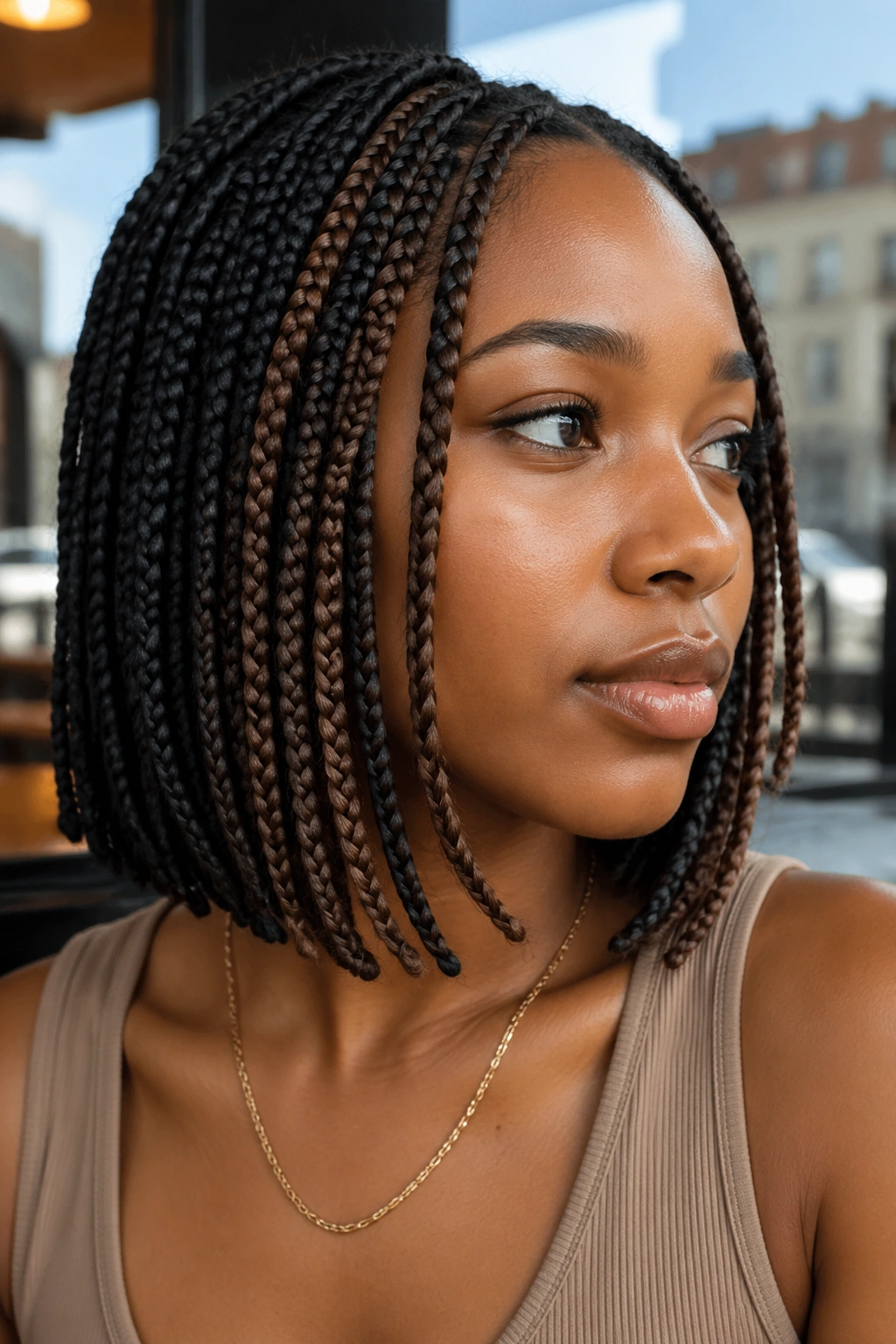 Close-up of a real woman with bob-length brown peekaboo knotless box braids outdoors