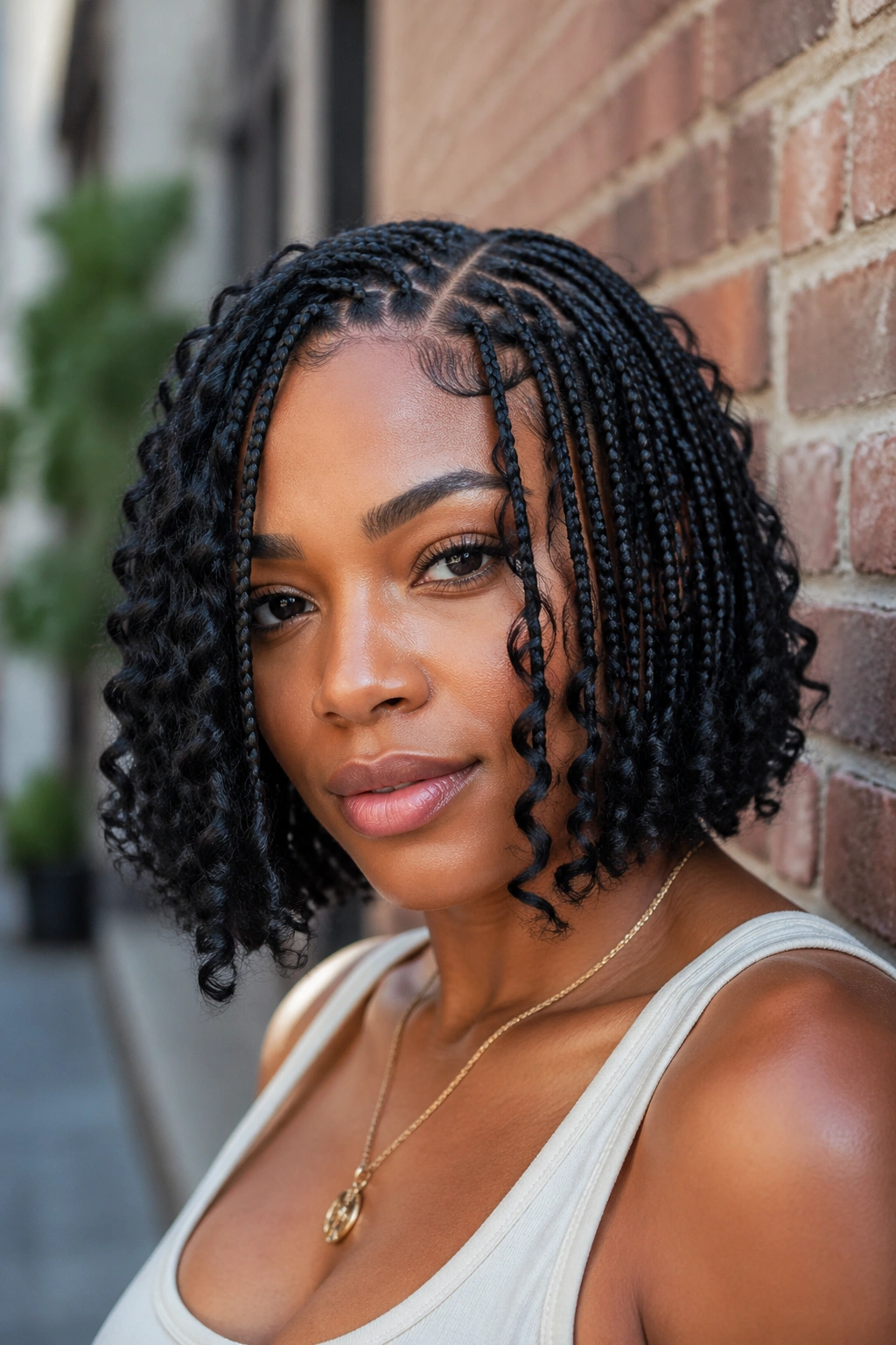 Real woman with bob-length butterfly braids around the jaw in daylight