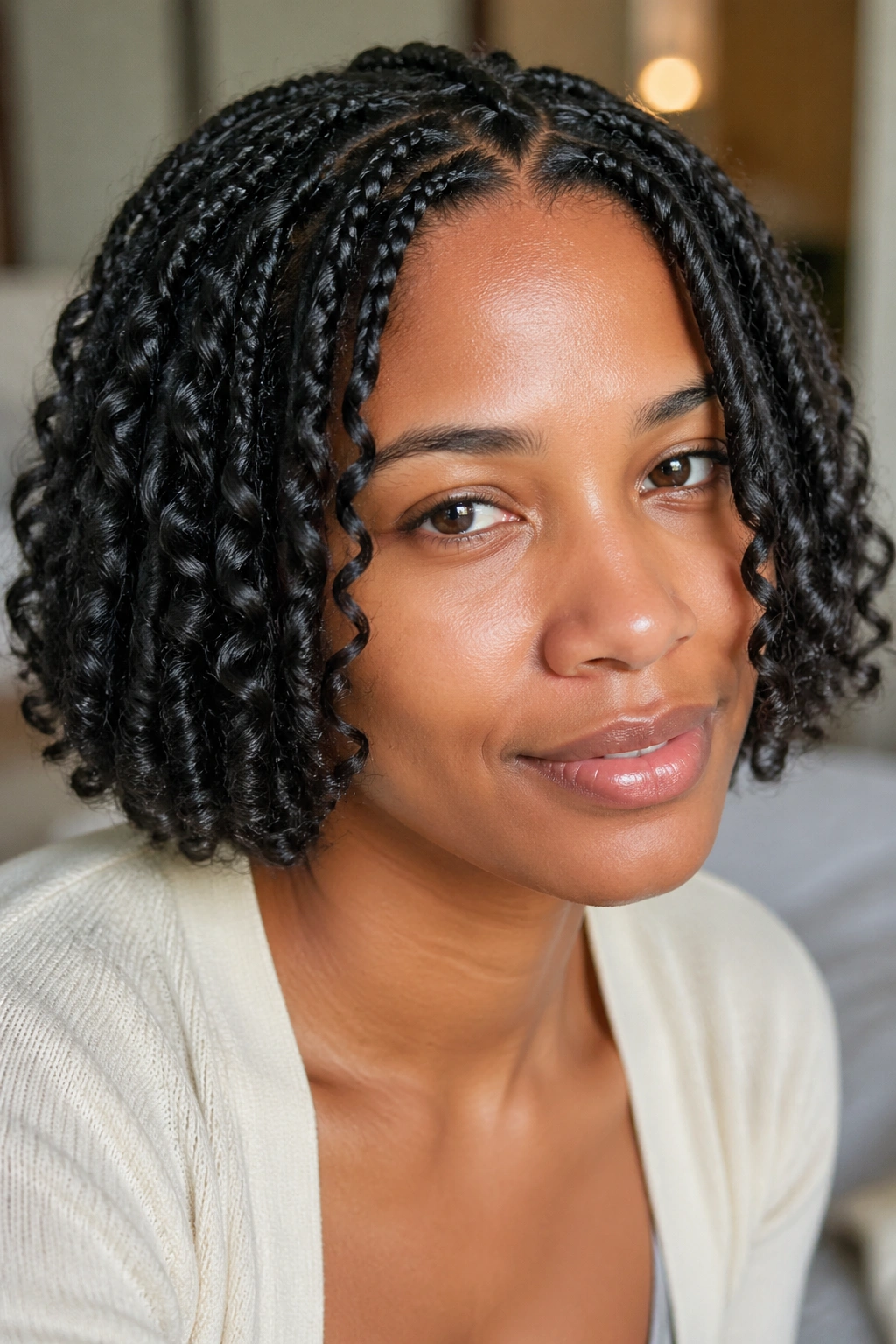 Close-up of bob-length French braid-out on a real woman.