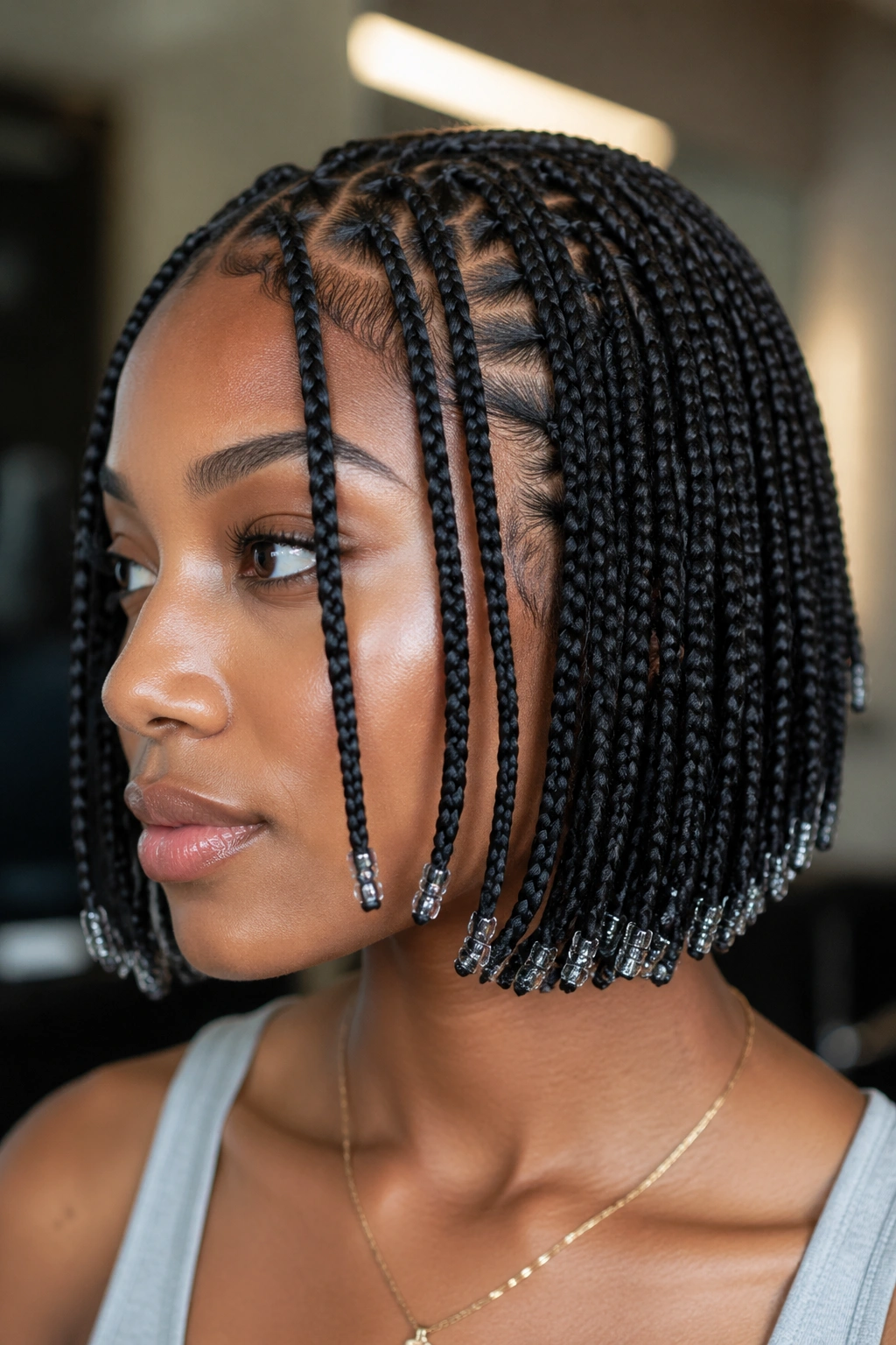 Close-up of a real woman with bob-length Fulani braids and tiny end beads.