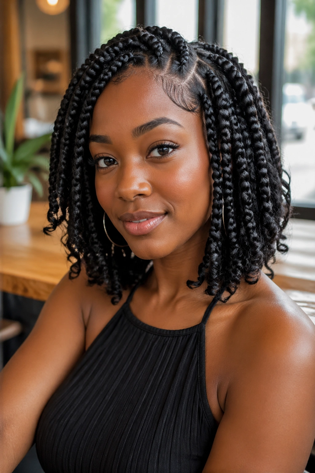 Close-up of a real person with bob-length goddess braids in a bright cafe setting