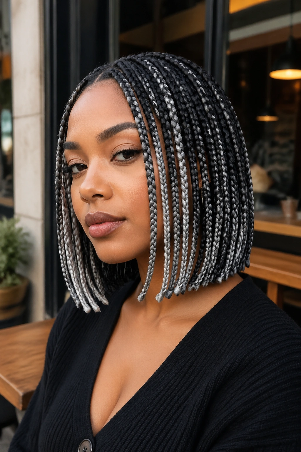 Bob-length grey box braids close-up on a real person