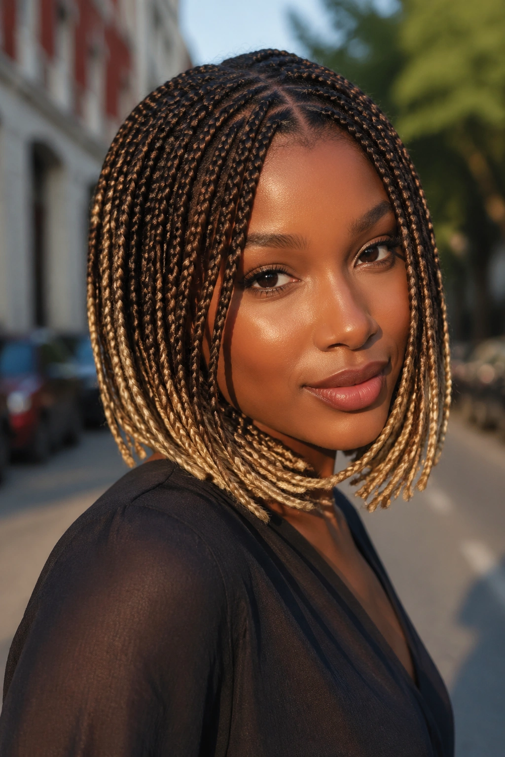 Real woman with bob-length knotless braids in brown and blonde