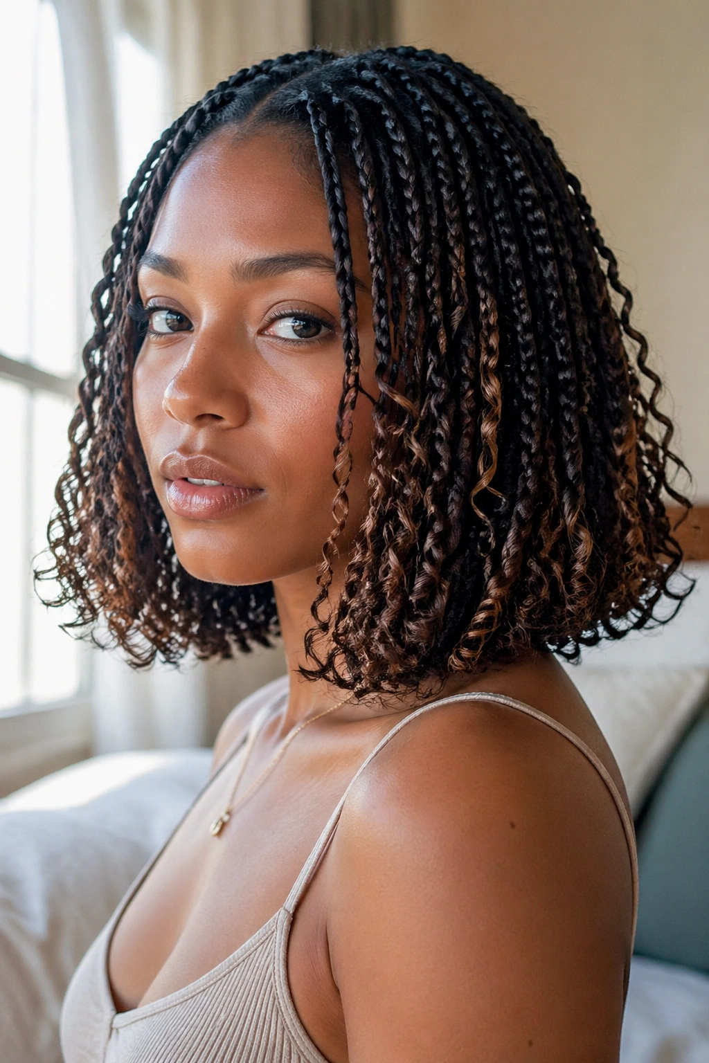Real woman with bob-length knotless braids and curly ends