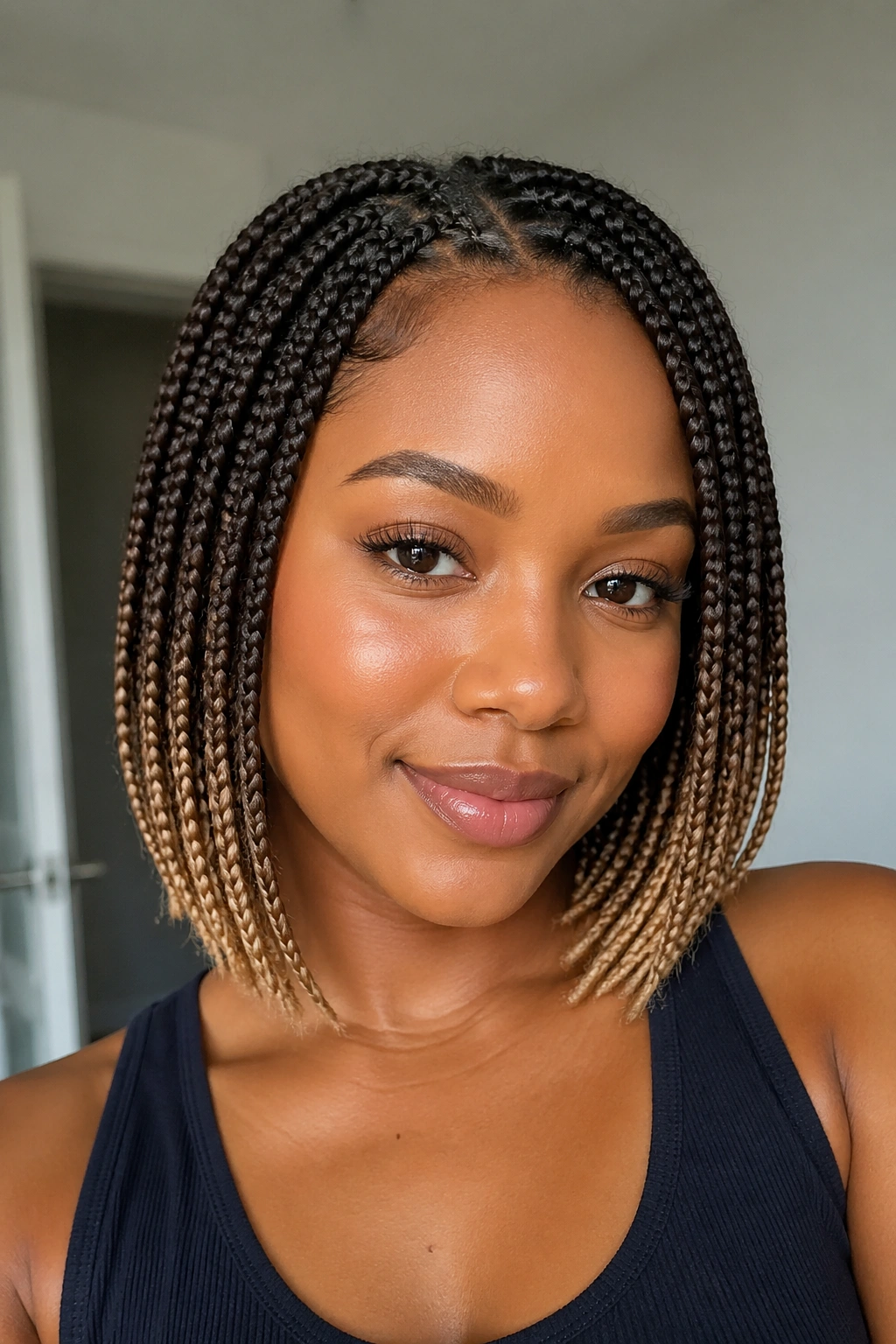 Medium close-up of a real woman with bob-length ombré knotless braids framing the jaw