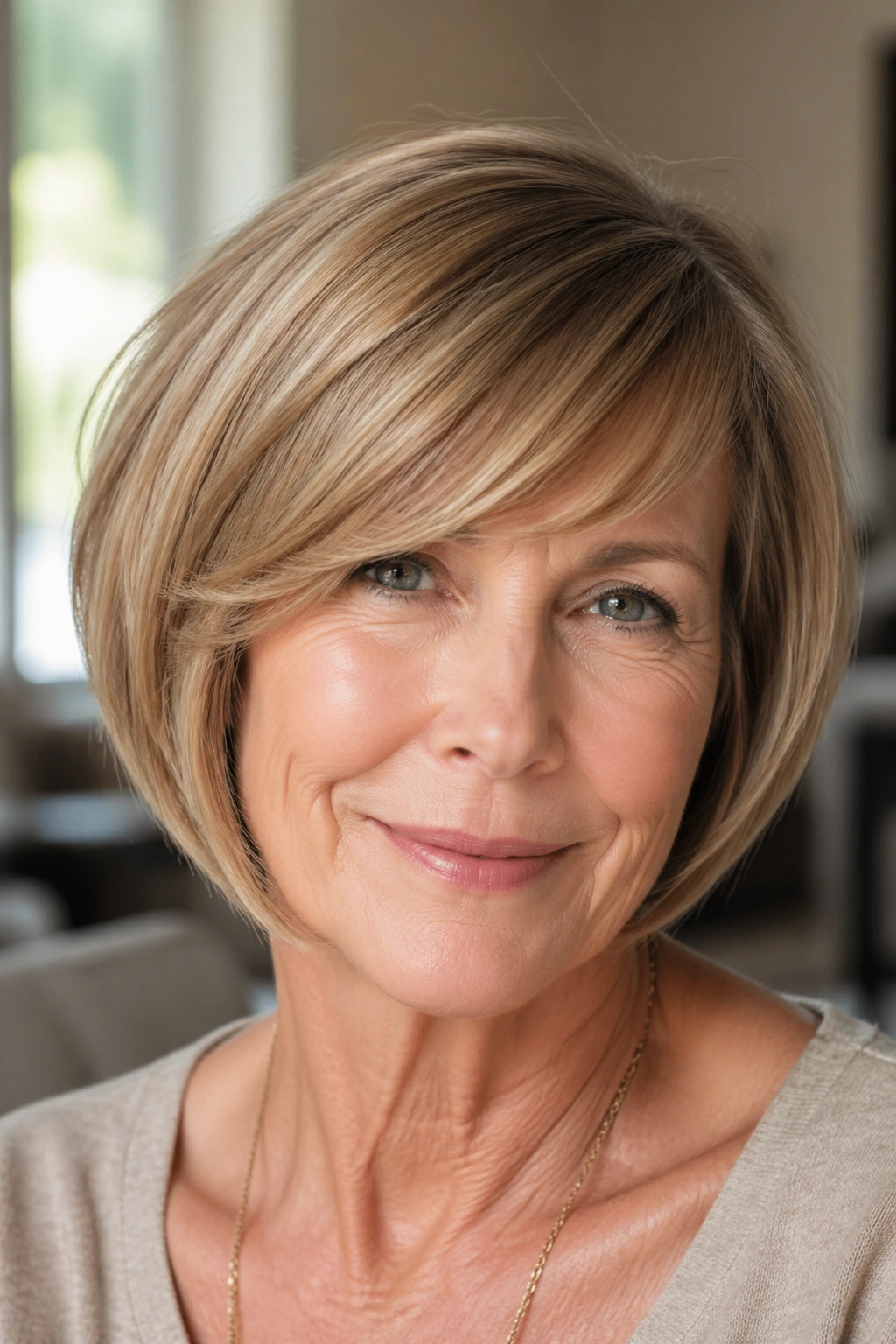 Real woman with bob and side-swept bangs in soft window light.