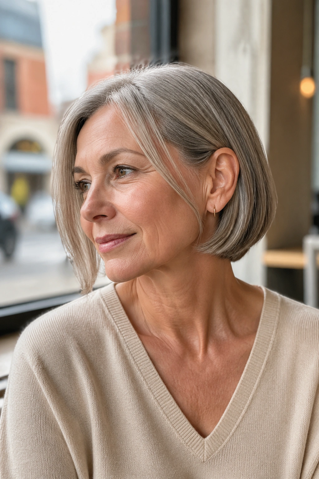 Close-up portrait of a real woman with a jaw-length bob designed to tuck behind the ears, in soft natural light