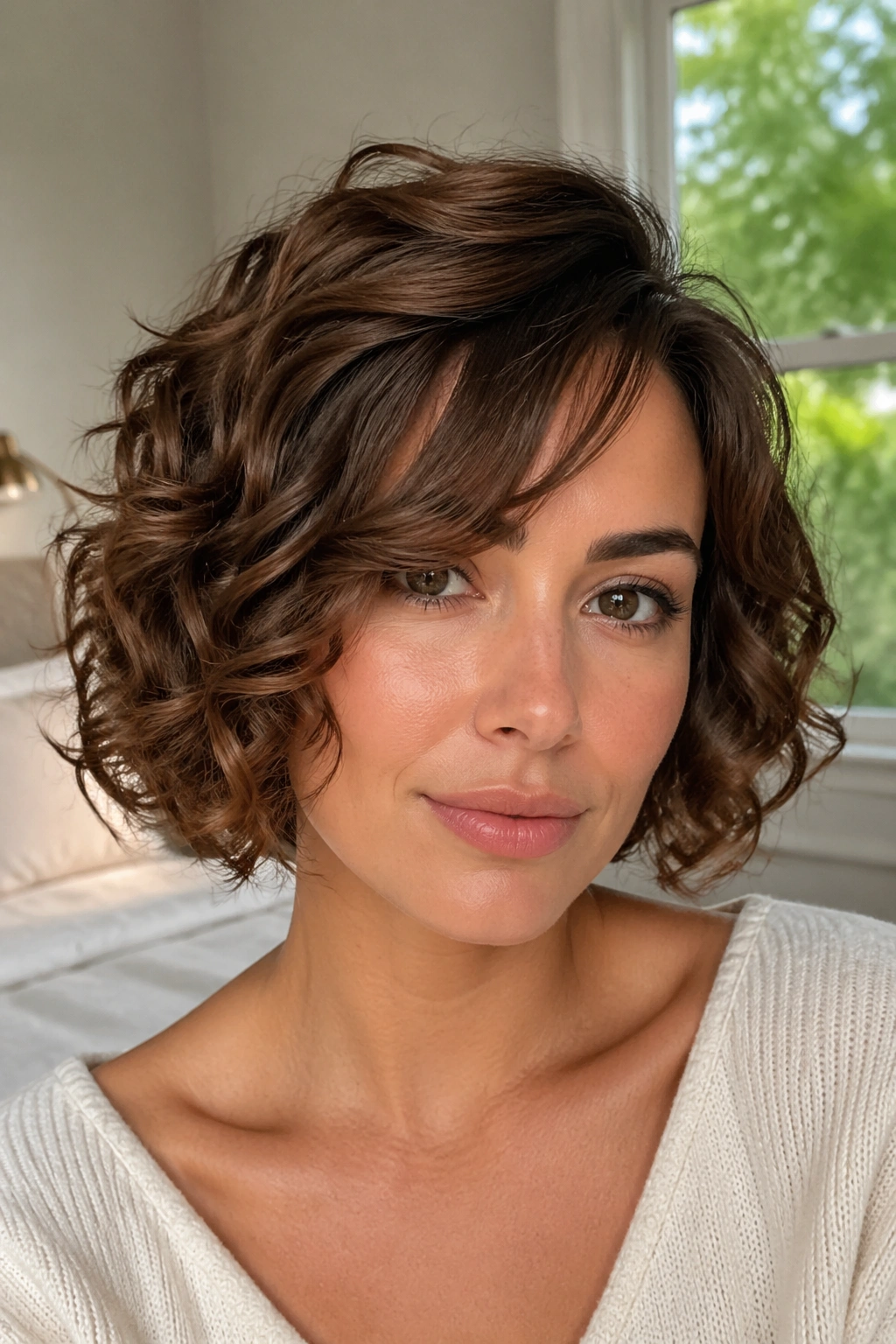 Close-up portrait of a real woman with a bob and side-swept bangs framing the cheek