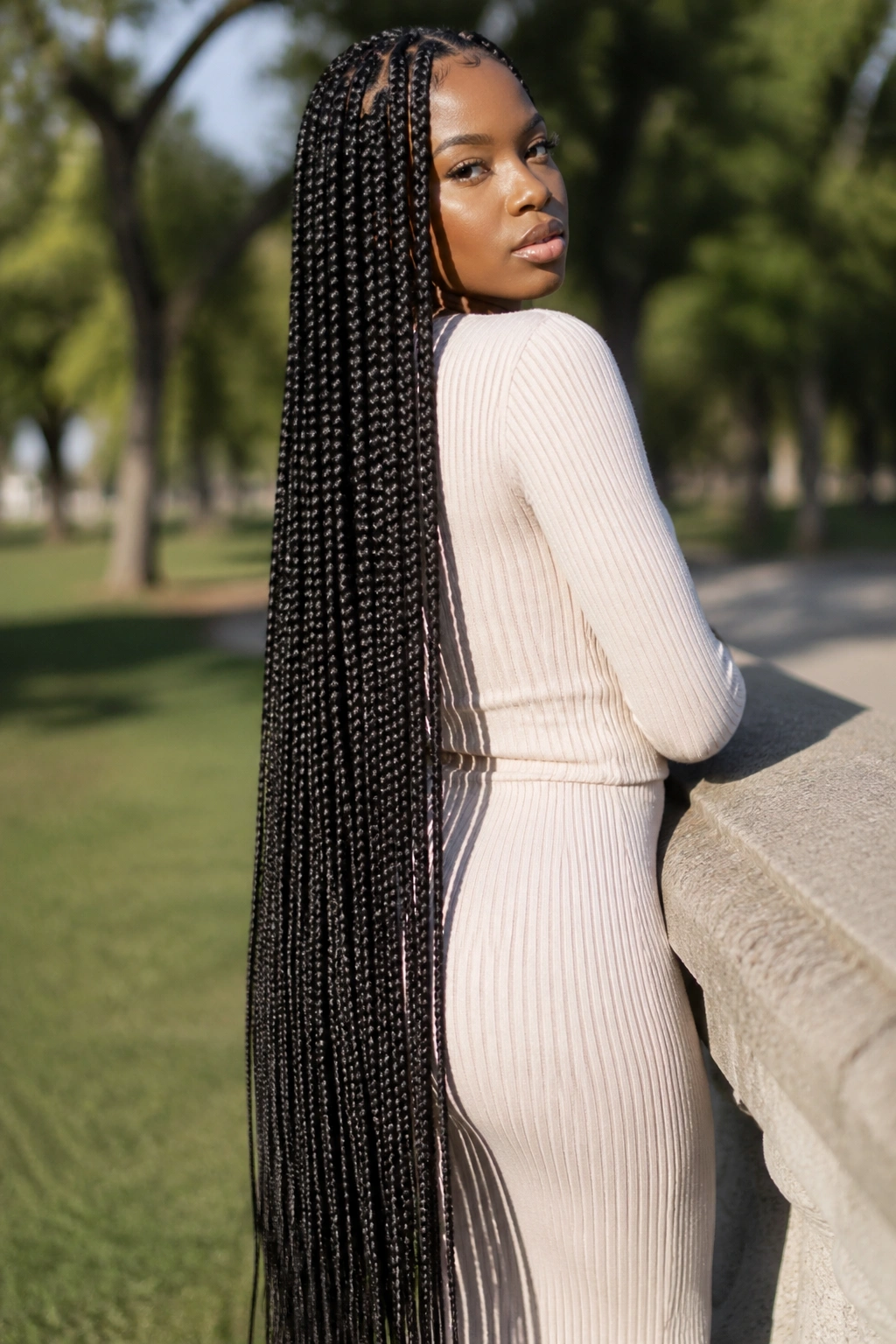 Portrait of a real person with long box braids cascading past shoulders in outdoor sunlight