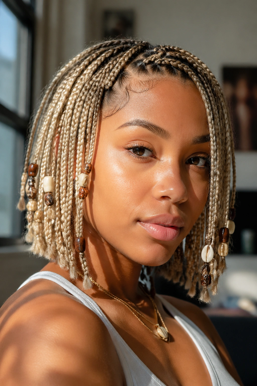Close-up of a real woman with short blonde box braids and scattered beads in a boho style