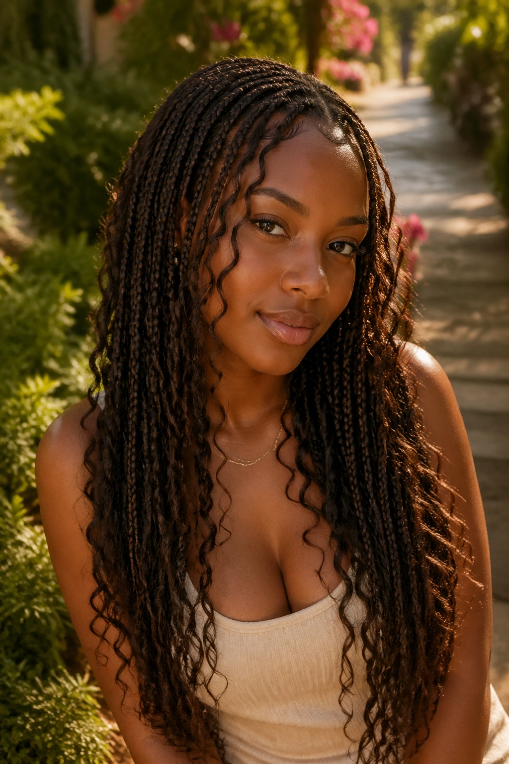 Boho box braids with mixed curly pieces on real woman