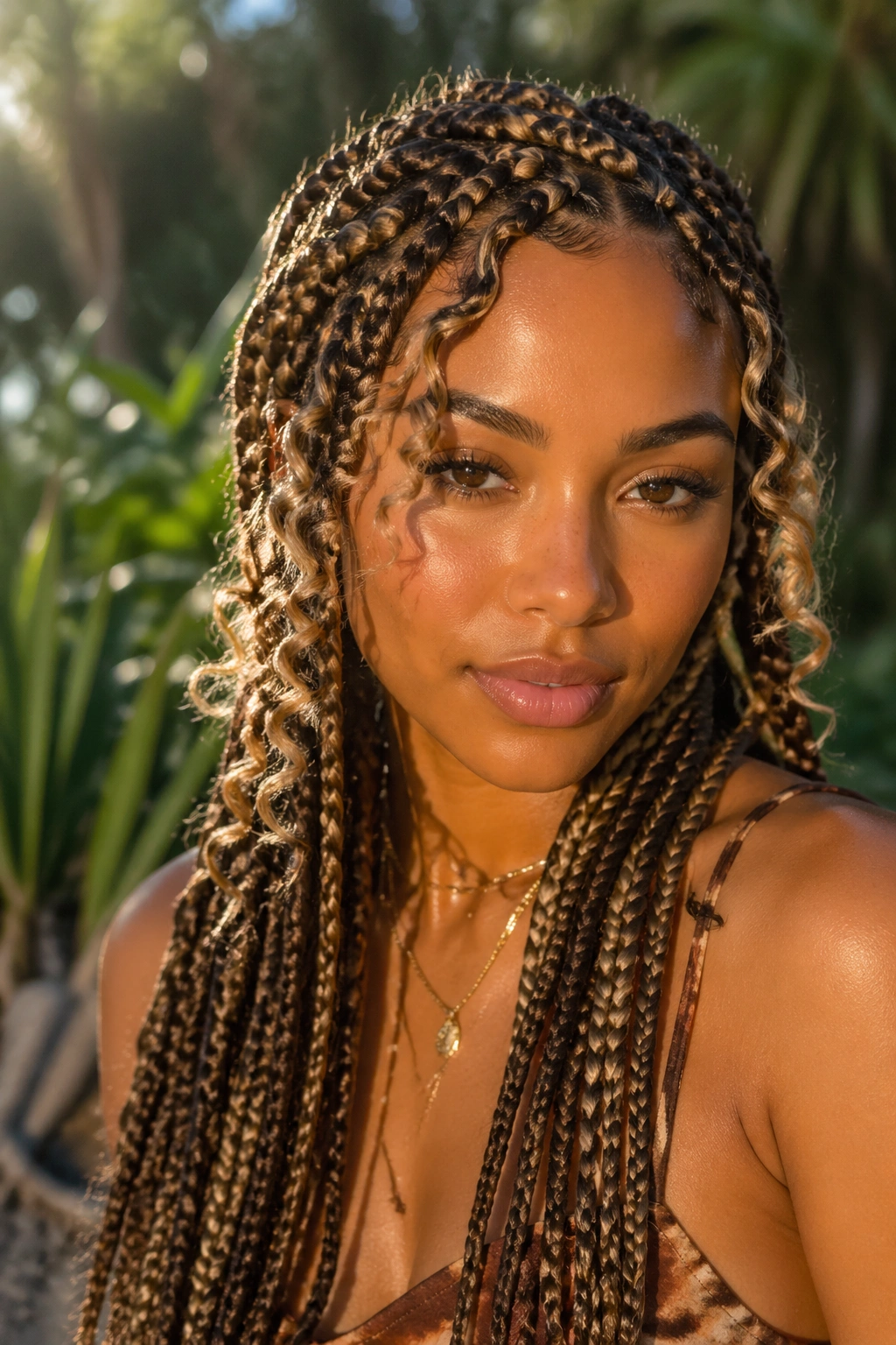 Close-up of a real woman with boho goddess box braids and soft blonde strands