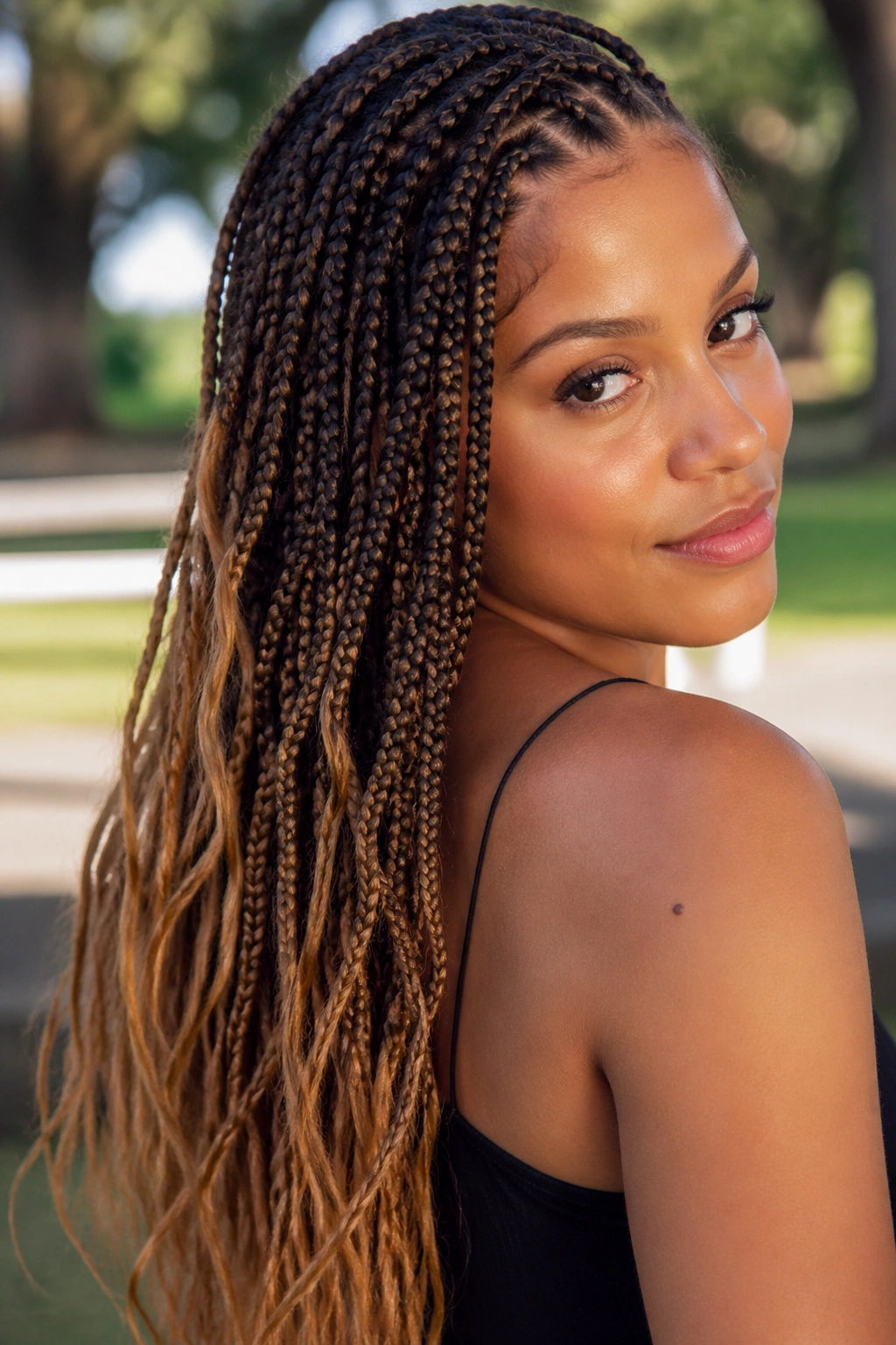 Close-up of a real woman with dark brown roots and caramel ends in boho box braids