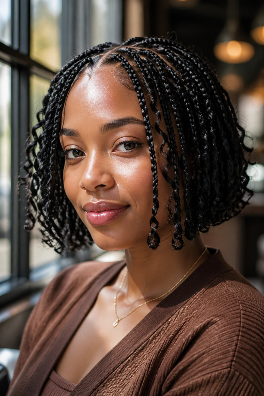 Close-up portrait of a real woman with chin-length boho box braids and loose spiral ends at the jawline