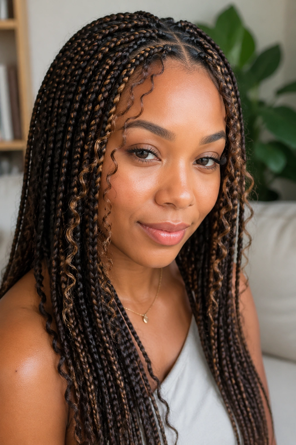 Close-up portrait of a real woman with boho box braids and crochet curl pieces framing her face