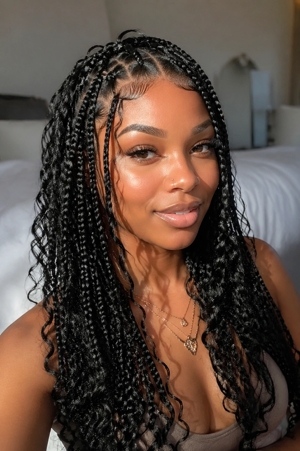 Close-up portrait of a real woman wearing Boho Goddess Box Braids with Curly Pieces in natural light