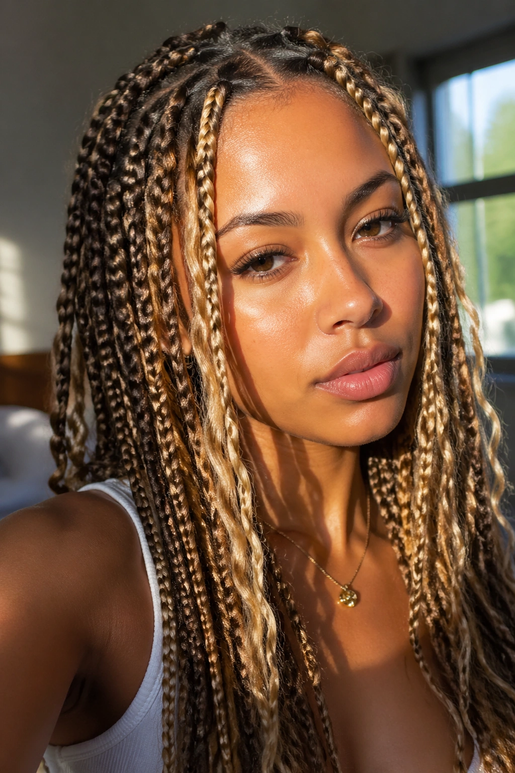 Close-up of a real woman with honey-blonde face-framing boho box braids