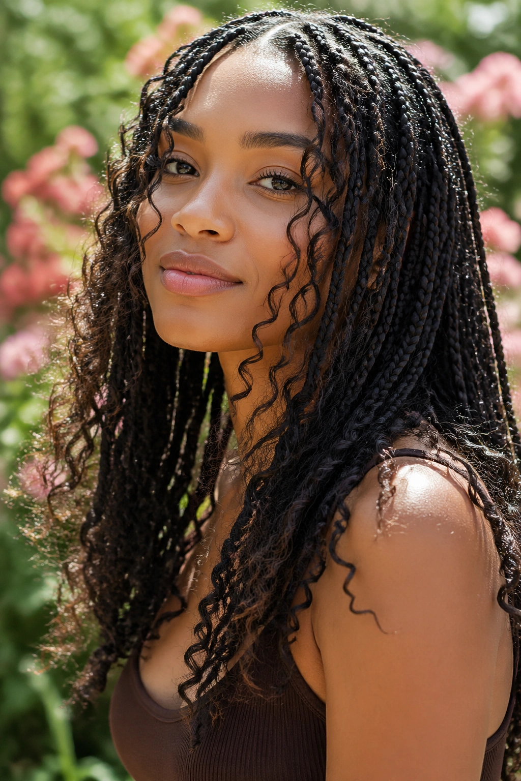 Close-up of boho medium box braids with loose curls on a real woman outdoors