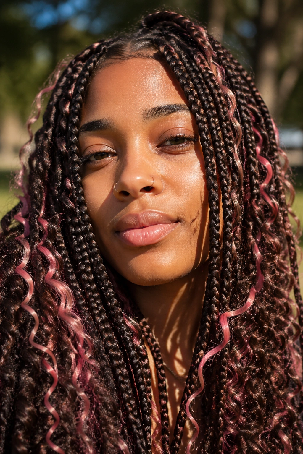 Real person with dark brown boho box braids and pink curly strands