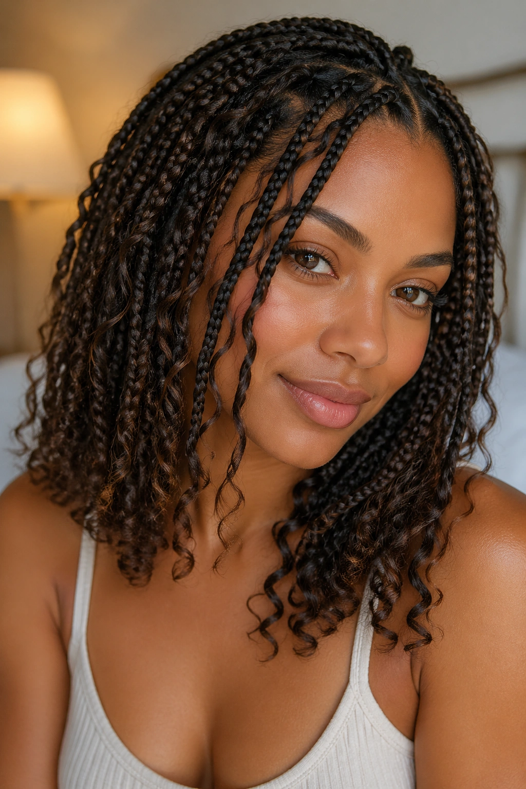 Close-up of a real woman with boho box braids and loose curls around the face
