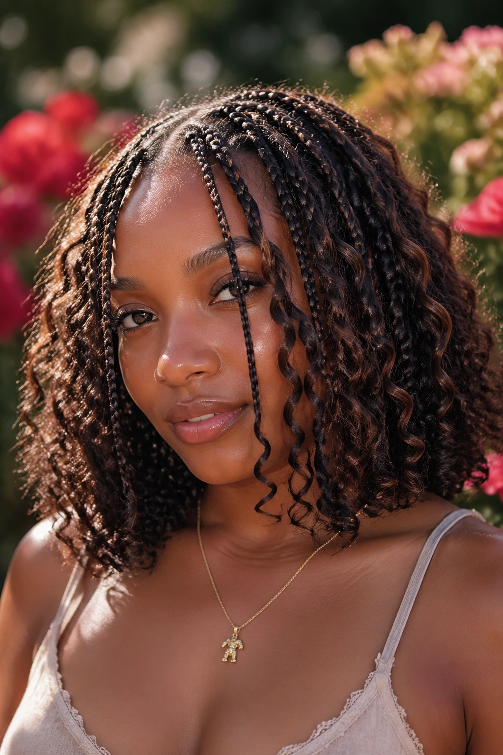 Portrait of a woman with boho bob-length box braids and loose curls.