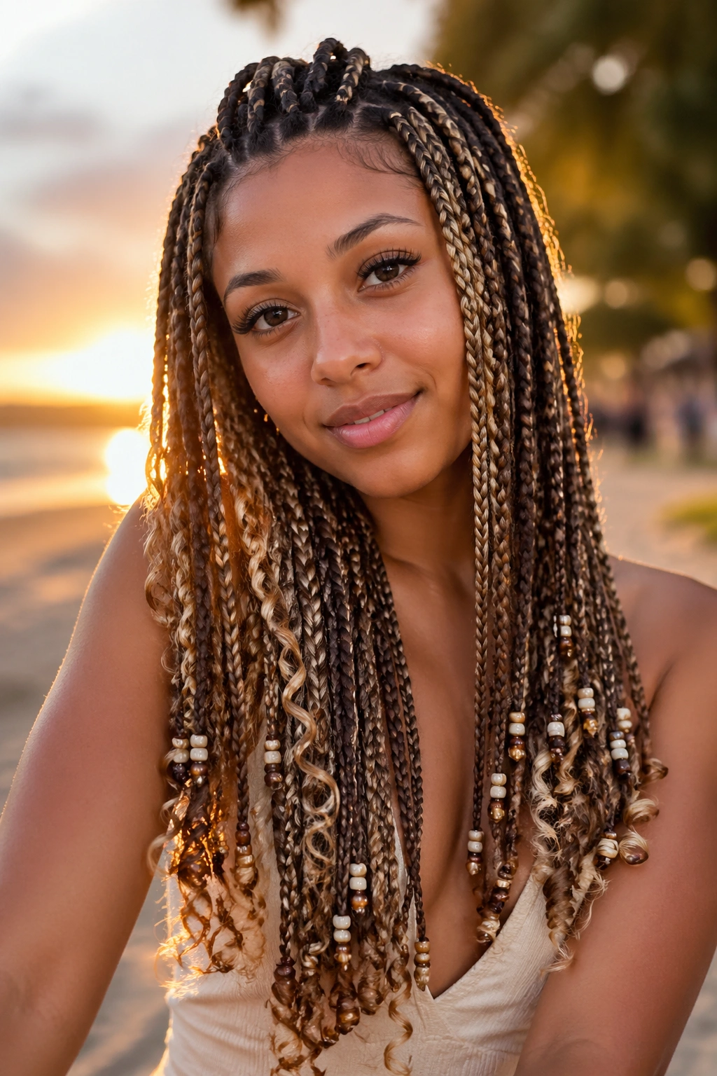 Close-up of boho box braids with curly ends and seed beads on a real person