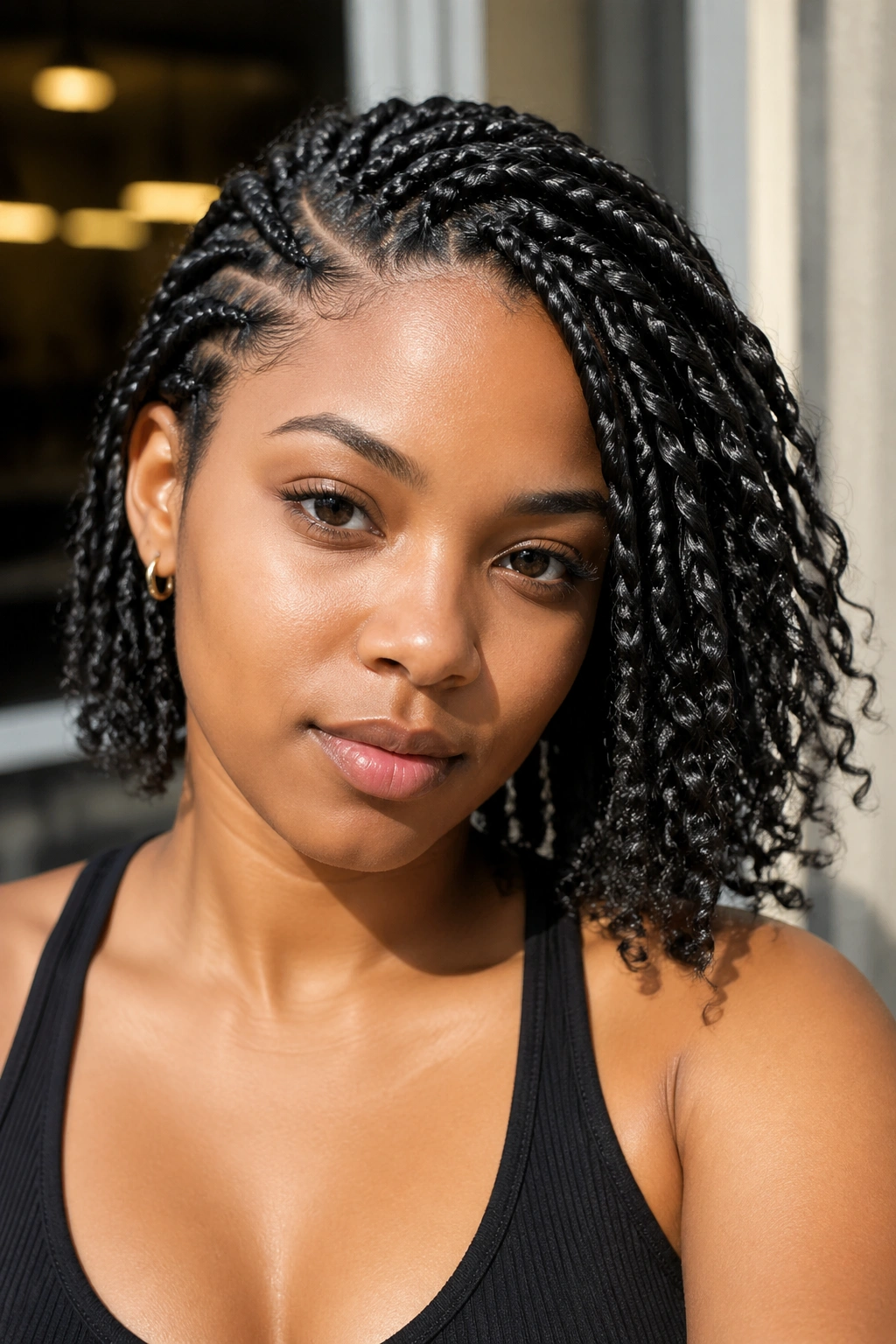 Close-up portrait of a woman with side-part short boho box braids