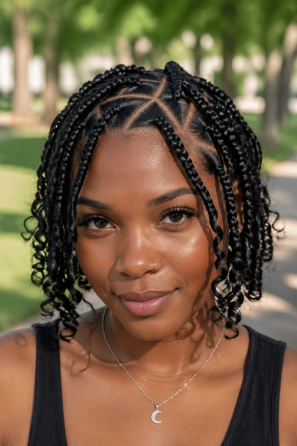 Close-up portrait of a woman with triangle-part short boho box braids